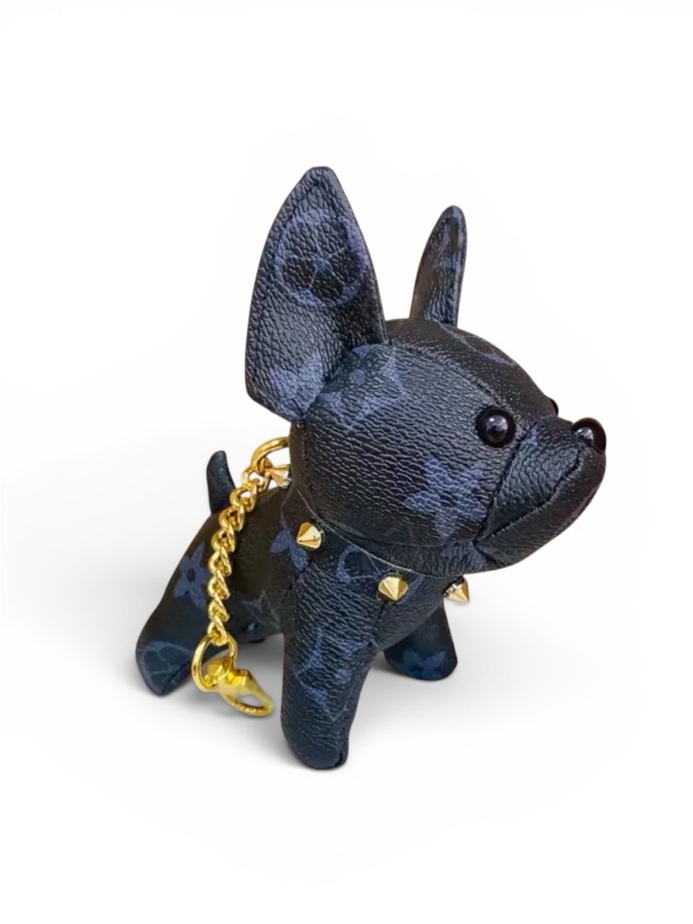Black Epi Leather Frenchie Dog Charm with Gold Studded Collar Adorable
